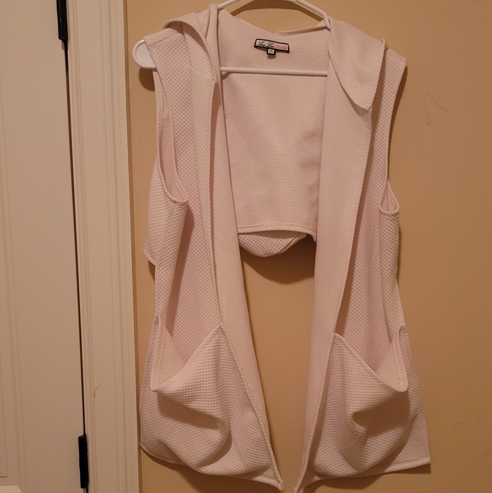 Ava Lea Denim Off White Creme Hooded Sleeveless Half Back Shawl Sweater Top XXL